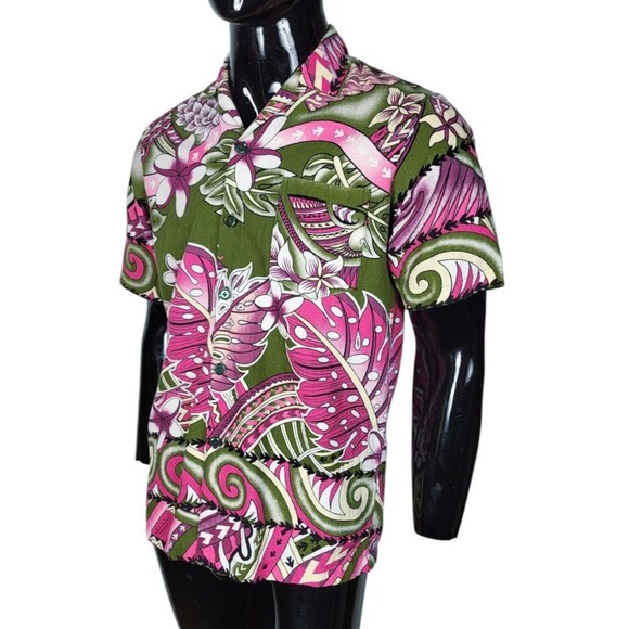 VTG 60s 70s Barkcloth Hawaiian Tiki Psychedelic Floral Men's Button-Down Shirt - Picture 5 of 8